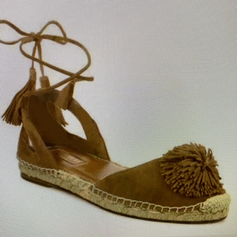 Aquazzura Sunshine Pom-Pom Latte Suede Espadrille Ankle Straps 7.5 US  37.5 EU